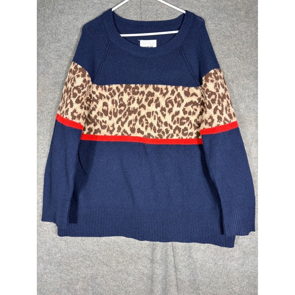 Aerie Womens Navy Blue Leopard Print Stripe Crew Neck Sweater Size Large L/G